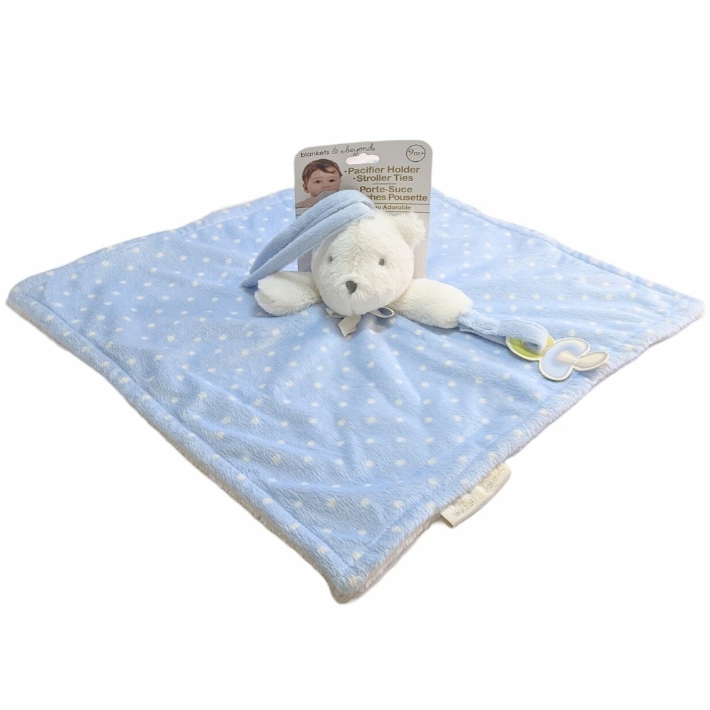 Blankets & Beyond Lovey Blue White Polka Dot Bear Security Blanket Pacifier Hold